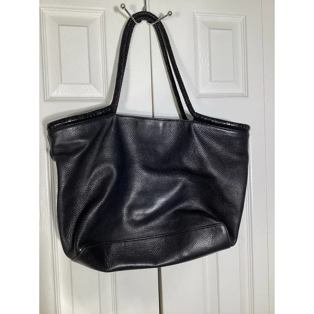Tory Burch Marion Black Leather Slouchy Tote Bag Braided Handles